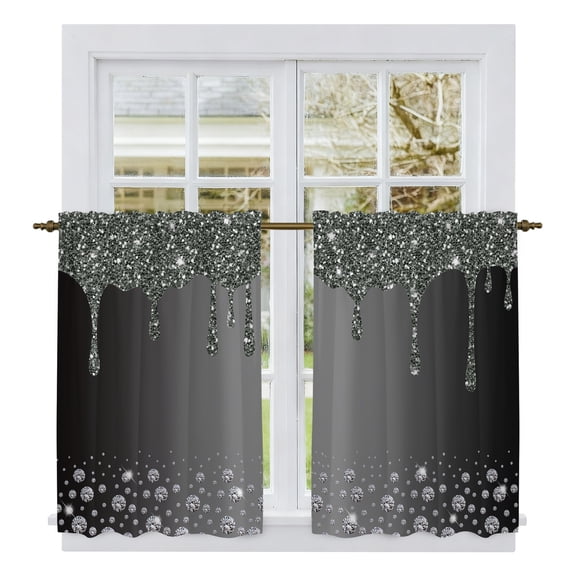 Black Grey Tier Curtains, Modern Abstract Diamond Luxury Gradient Light Filtering Kitchen Curtains, 2Pcs Rod Pocket Half Window Treatments Panels for Sink Cafe Cabinet Basement 27.5x45 Inches