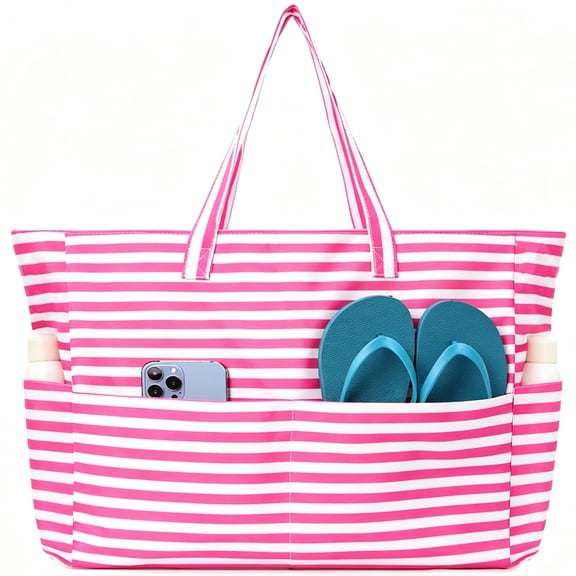 AlmosTen Women Beach Bags and Totes Waterproof,Extra Large 7-Pockets Foldable Beach Bags for Women Waterproof Sandproof Beach Tote Bag,Large Beach Bags with Zipper for Women,Pink