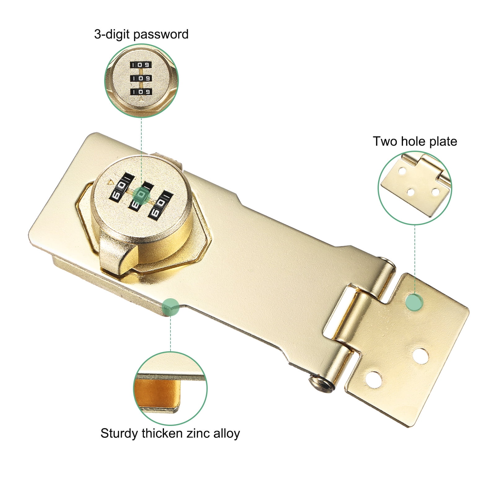2-Pack Keyless Combination Lock, 4.3" Zinc Alloy Mechanical Password Twist Knob Hasp Locks Latch, 90/180 Degree Barn Door Lock for Cabinet/Closet/Garage/Drawers/Garden [Gold]
