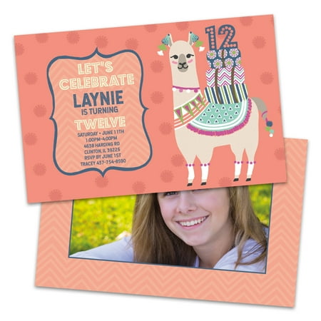Personalized Llama Photo Kids Birthday Party Invitations