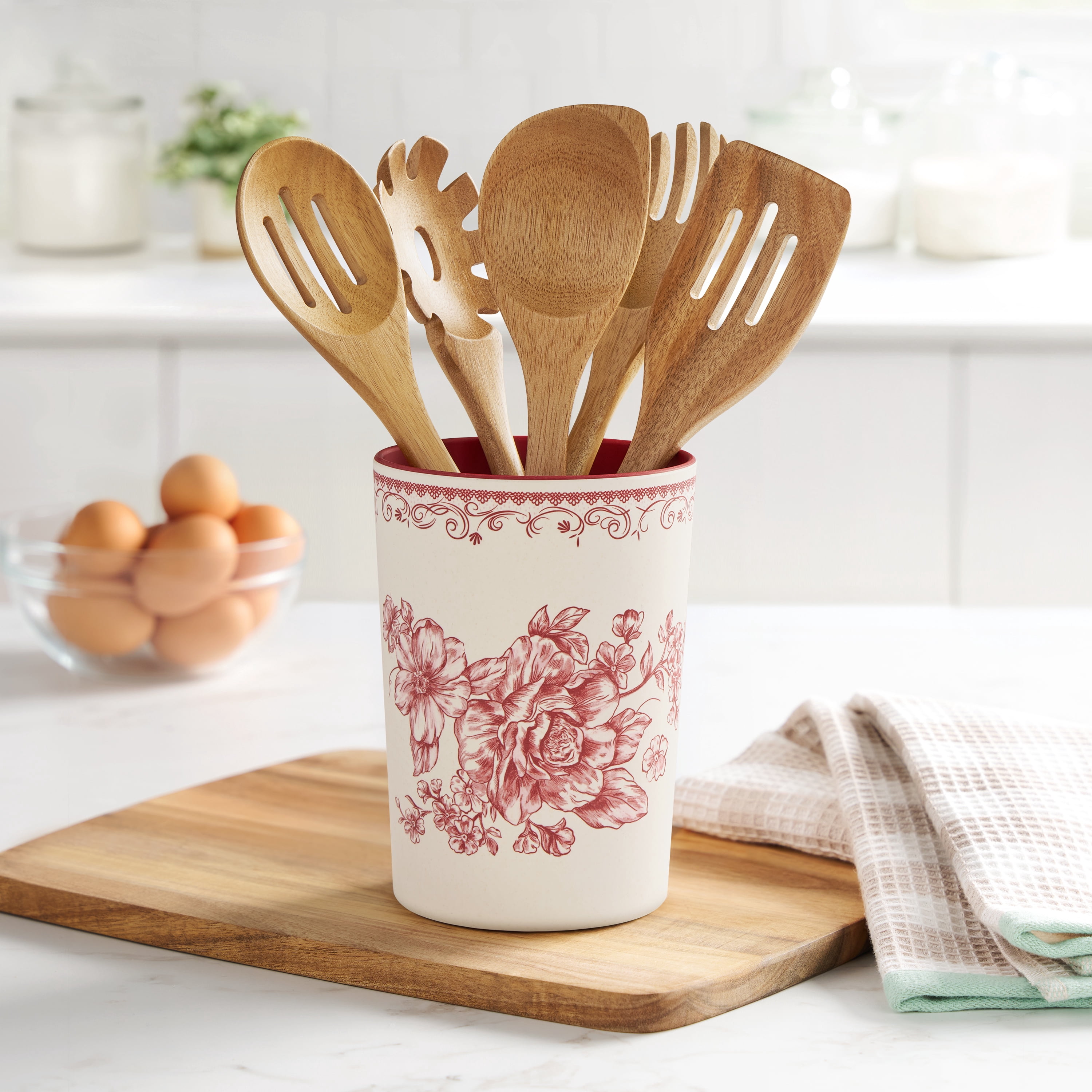 The Pioneer Woman Agetha 6-Piece Acacia Wood & Bamboo Melamine Crock Set, Red