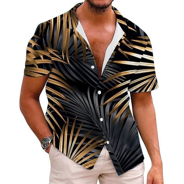Birdeem Mens Printing Button Casual Short Sleeve Turndown Collar Blouse Shirt