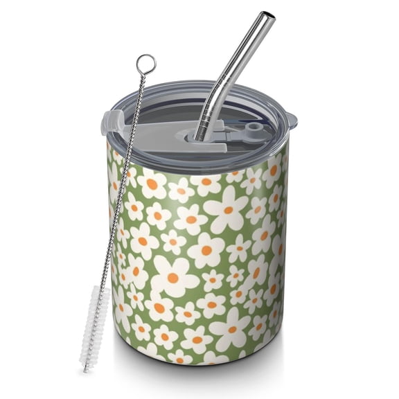 12oz Coffee Tumblers Green Daisy Flower Orange Centers Pattern Stainless Steel Vacuum Insulated Travel Tumbler Coffee Cups Mug with Lid and Straw with Cleaning Brush for Cold & Hot Drinks