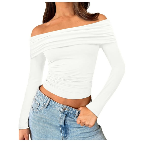 HNMKIU Women 2025 Fashion Clothes Long Sleeve Shirts Off Shoulder Tops Going Out Crop Slim Fitted Fall Outfits White,S