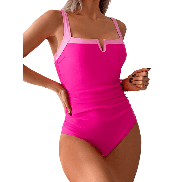 Trajes de Baño de una Pieza para Mujer, con Bloques de Color, Adelgazantes, Control de Abdomen, Traje de Baño de Cobertura en V. Rosa Rosa M