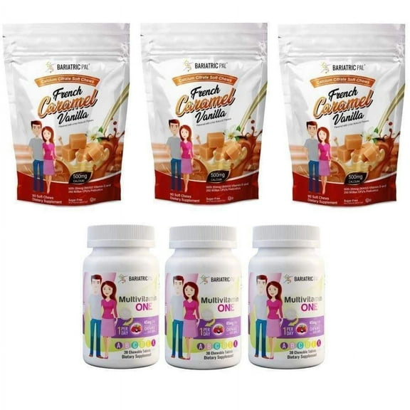 Gastric Bypass Complete Vitamin Pack - Chewables Size: 3-Month Supply, BariatricPal Multivitamin ONE: Mixed Berry Chewable with 45mg Iron, BariatricPal Calcium Citrate Chews: French Vanilla Caramel