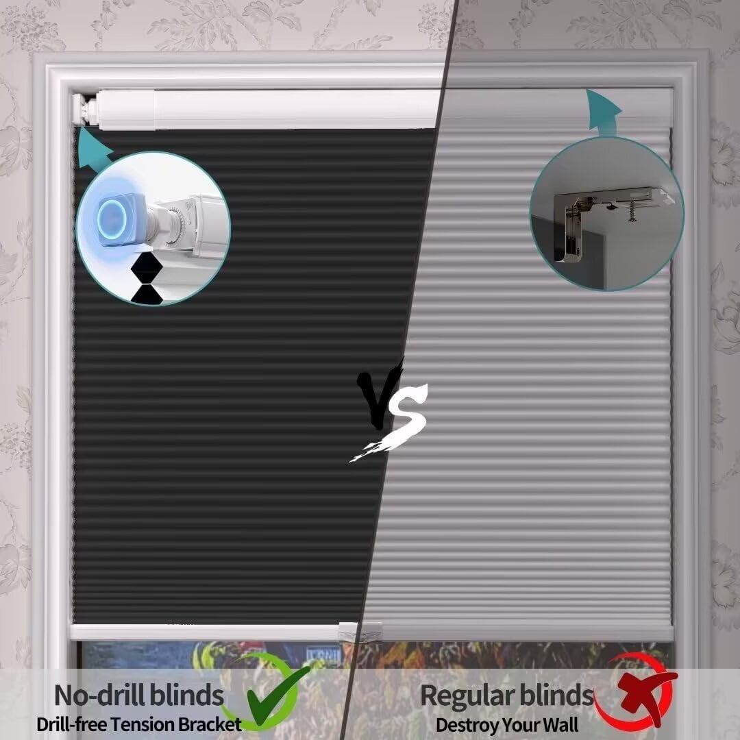 Myshade No Drill Blackout Shades Tension Cordless Cellular Blinds for Indoor Windows No Tools Window Blinds & Shades(Black-29"W*78"H)