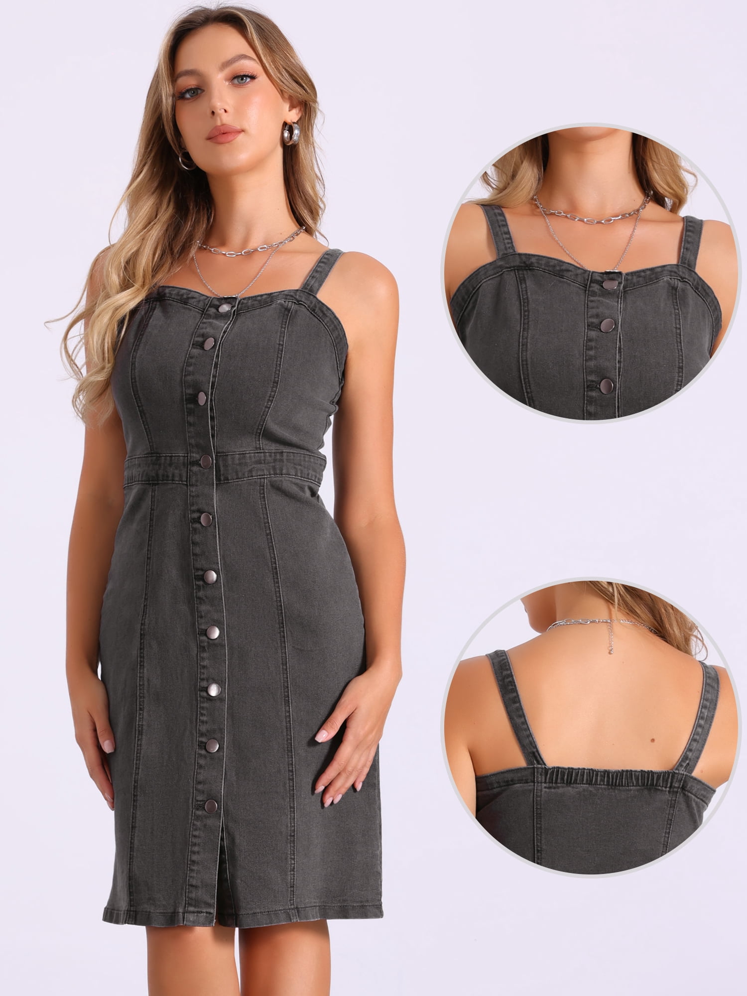 DARING DIVA Button Down Denim Sleeveless Sweetheart Neck Jean Dresses XS Gray
