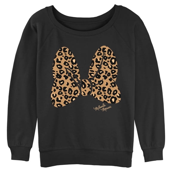 Junior's Mickey & Friends Cheetah Print Minnie Mouse Bow Sweatshirt Black Medium