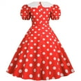 thumbnail image 2 of QLEICOM 1950's Dresses for Women Vintage, Round-Neck Short Sleeve Puff Sleeve Polka Dot Dress, Stretch Slim High Waist Swing Dress, Audrey Hepburn Style Party Dresses Watermelon Red S, 2 of 5