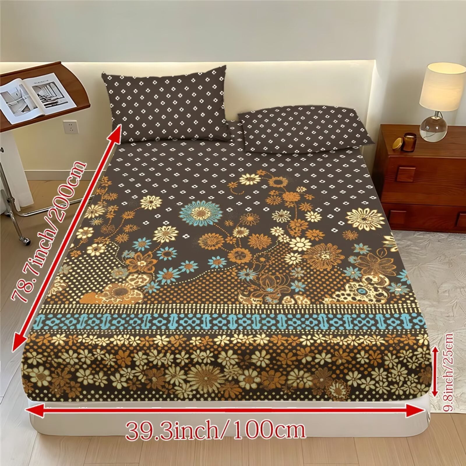 ZIATUBLES King Bed Sheets Set, 3-Piece Lightweight Comfy Bedding Set with Brown Vintage Floral Print, Soft Breathable Fitted Sheet with Elasticized 9.8" Pocket and 2 Pillowcases