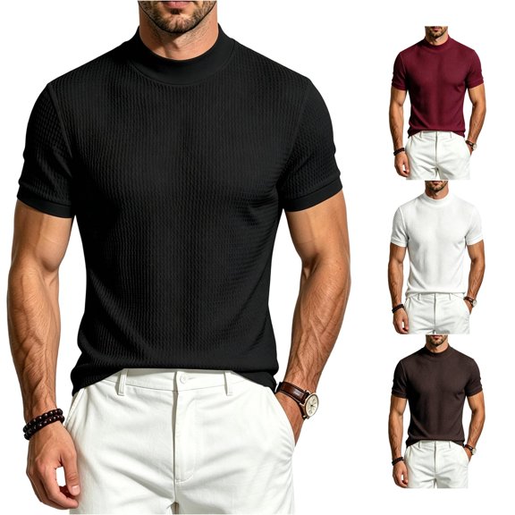 WAYUTE Mens Elegant Knit Ribbed Texture T Shirts Solid Color Slim Fit Neck Short Sleeve Elegant Business Base Shirt,3XL