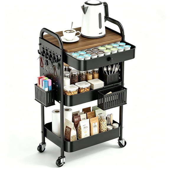 3 Tier Metal Rolling Cart with Drawer,Storage Utility Cart with Drawers,Pegboards,Lockable Wheels,Baskets,Hooks for Bathroom, Kitchen, Snack, Office, Makeup, DIY Supplies, Black