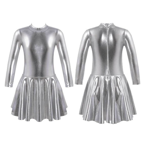 YONGHS Kids Girls Shinny Metallic Ice Skating Dress Long Sleeve Leotard Dancewear Silver 14