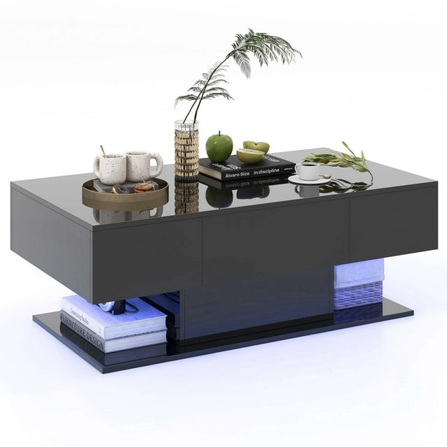 Costway Table Basse à DEL avec 2 Tiroirs, Lumières DEL à 20 Couleurs à Intensité Réglable et Télécommande, Noir