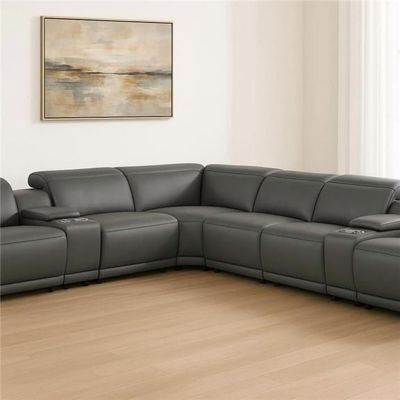HomeRoots 534868 Gray Italian Leather Modular L Shaped 8 Piece Corner Sectional with Console
