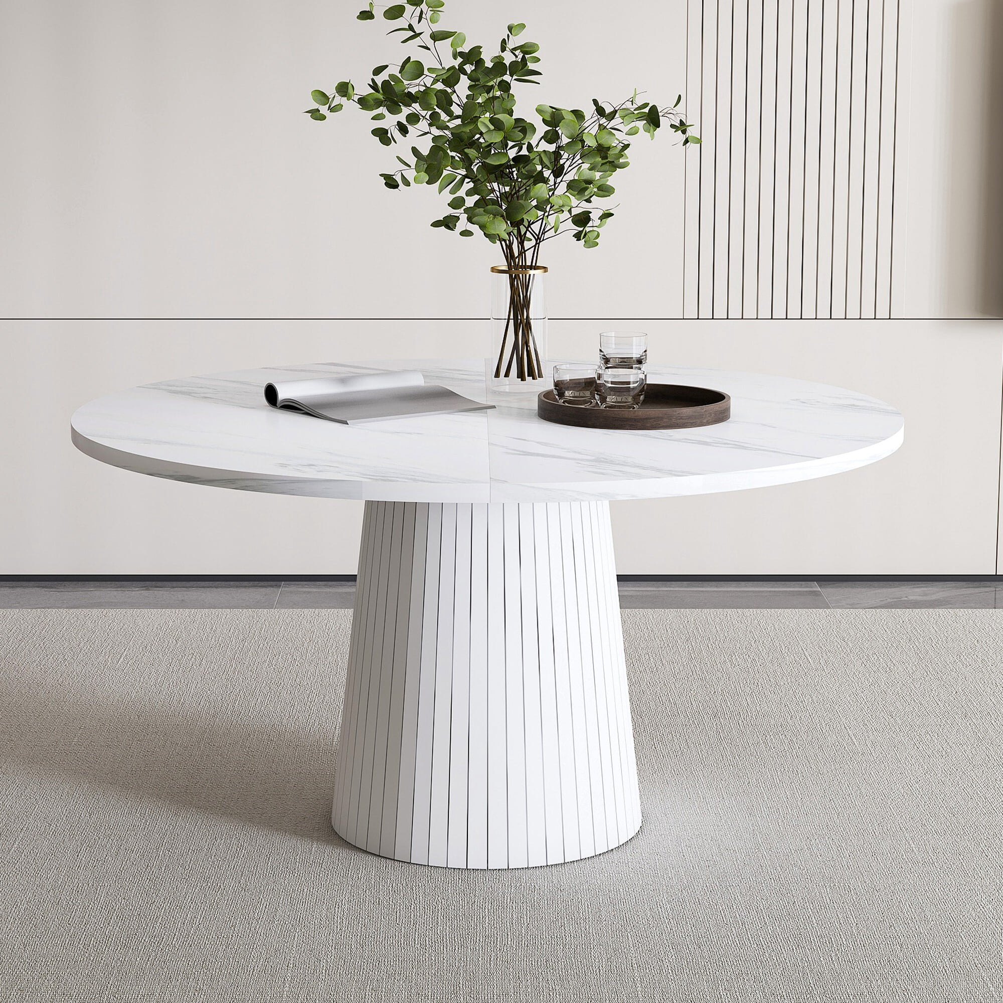 AENKYO 47" Round Dining Table for 4, Modern Farmhouse Pedestal Kitchen Table with Wood Strip Base, Marble Finish
