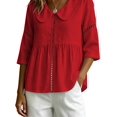 thumbnail image 3 of Women's Doll Collar Eyelet 3/4 Sleeve Peplum Blouse Red S, 3 of 7
