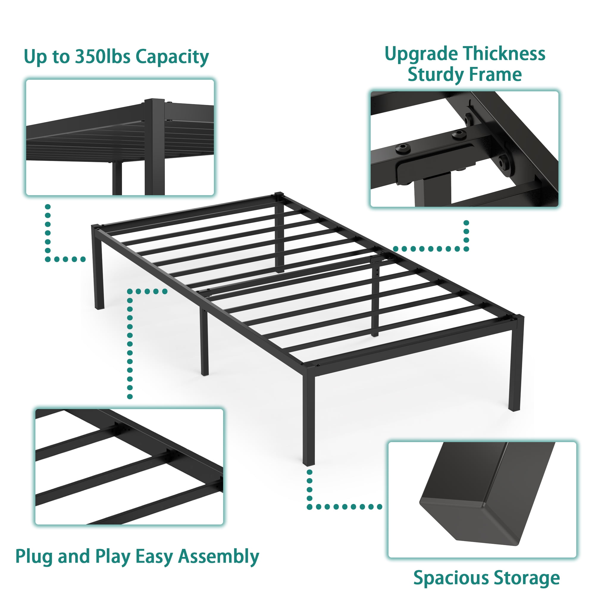 Yoneston Heavy Duty Twin Size 16" Kids Metal Platform Bed Frame with Under-Bed Storage No Box Spring Required, Black