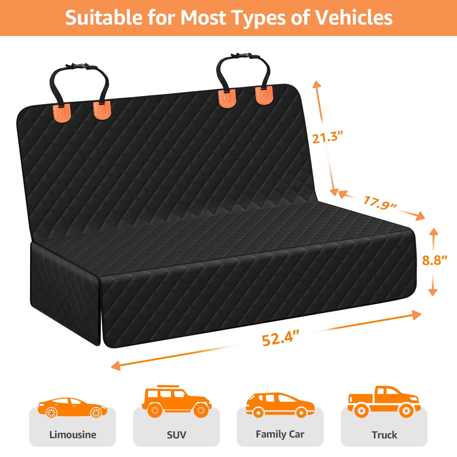 SMATTO Dog Car Seat Cover for Back Seat Bench, Waterproof, Scratchproof, Nonslip, Universal Fit Cars Trucks SUVs, Washable Durable Pet Car Seat Protector with 4 Seat Belt Openings - Black