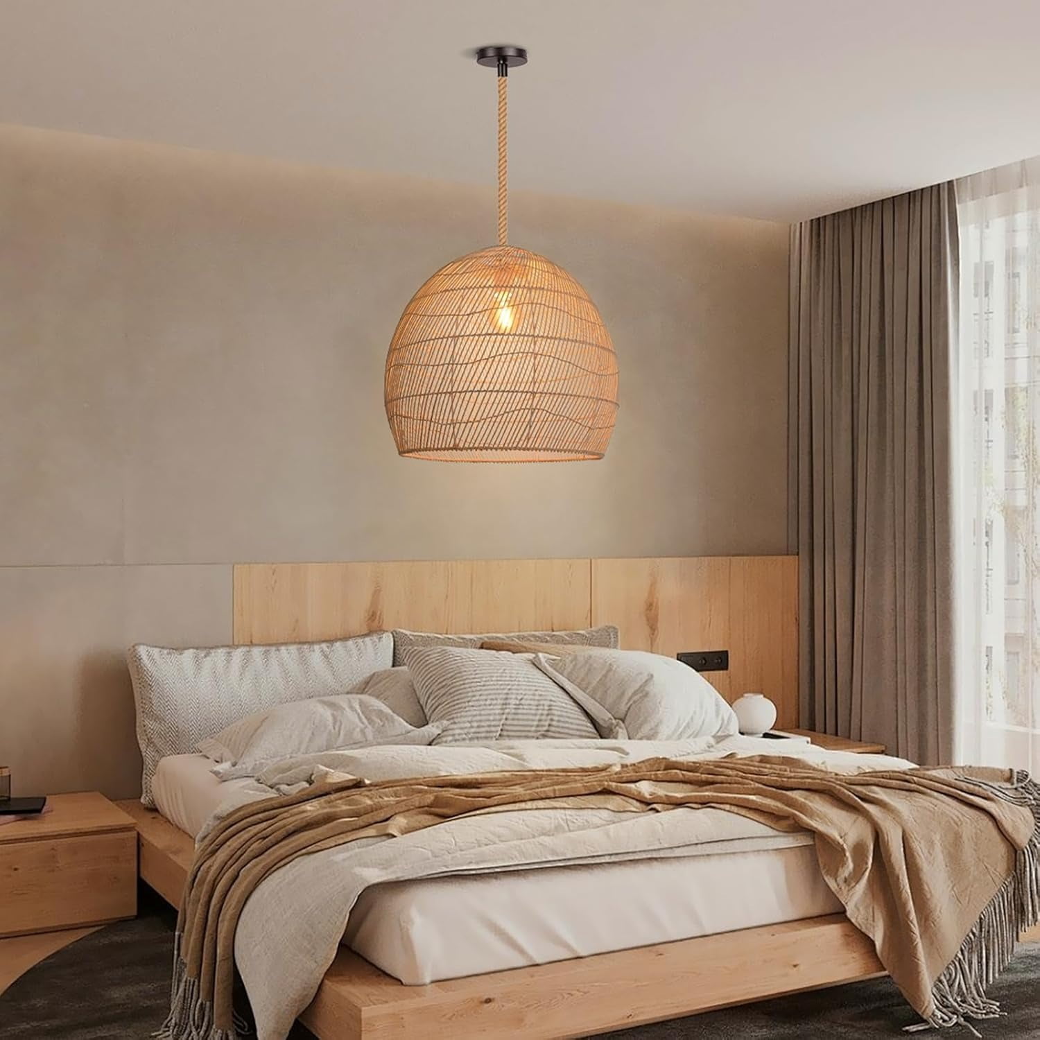 Arturesthome Hemp Rope Pendant Hand-woven Rattan Chandelier Natural Rattan Single Pendant