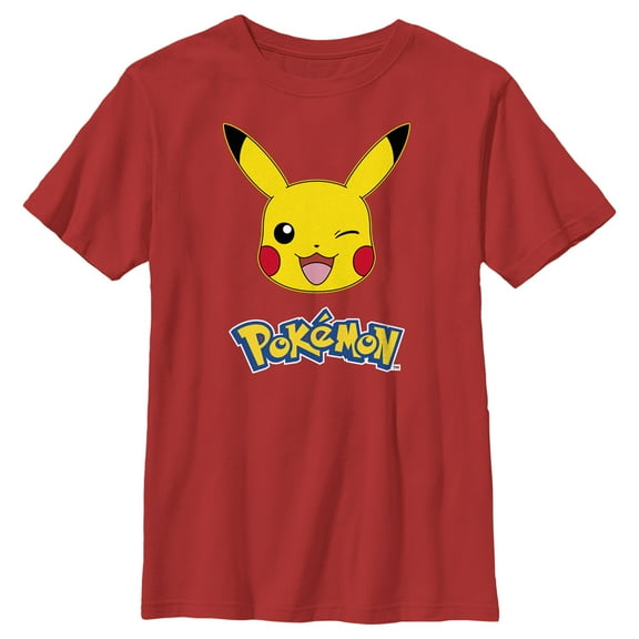 Boy's Pokemon Logo Pikachu Wink Graphic Tee Red X Large