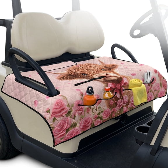 Whosucclay Foldable Golf Cart Seat Covers for Club Car EZGO Yamaha Carts, 4 Storage Pockets Quilted Golf Cart Seat Covers, Highland Cattle