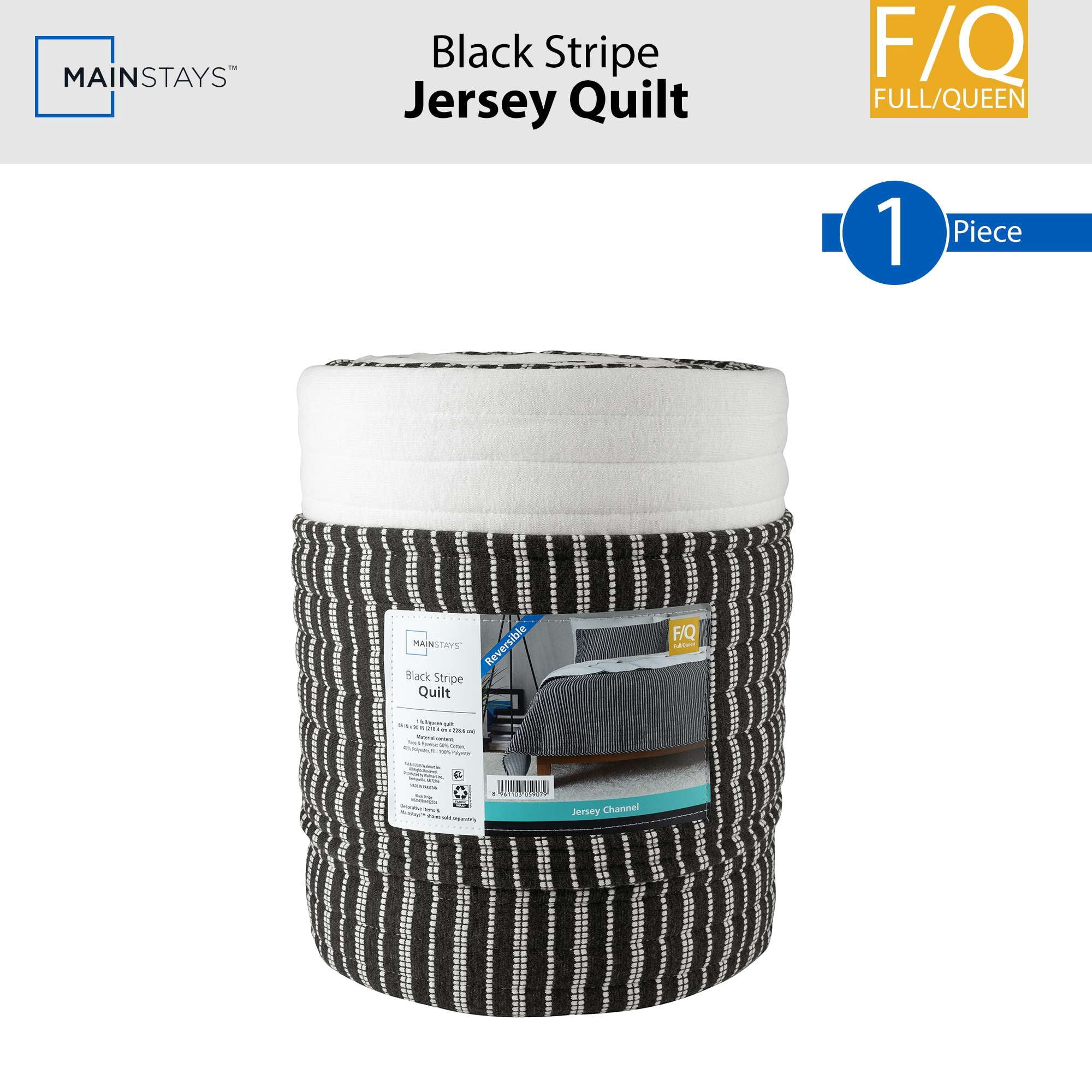 Mainstays Jersey Quilt Bedding Black Stripe Cotton, Polyester Jersey Knitted Weave Quilts, Full/Queen - Reversible, Breathable