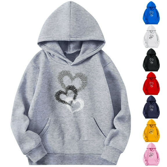 LOVZFMLL Hoodies for Girls Casual Heart Print Hooded Sweatshirt Solid Color Long Sleeve Pocket Loose Pullover Tops Little Girls Spring Fall Clothes 4-5 Years