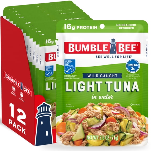 (12 pack) Bumble Bee Light Tuna in Water, Wild Caught, Gluten Free, 16g Protein per Serving, Ready to Eat, Shelf Stable Pouch, 2.5 oz