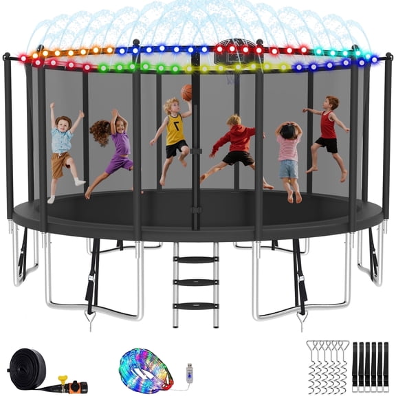 XMIKA 15FT 16FT Trampolines for 8-9 Kids Adults, 1500LBS Trampoline with Enclosure Net, Basketball Hoop, Ladder, Lights and Sprinklers, Outdoor Round Recreational Trampolines, Easy to Install