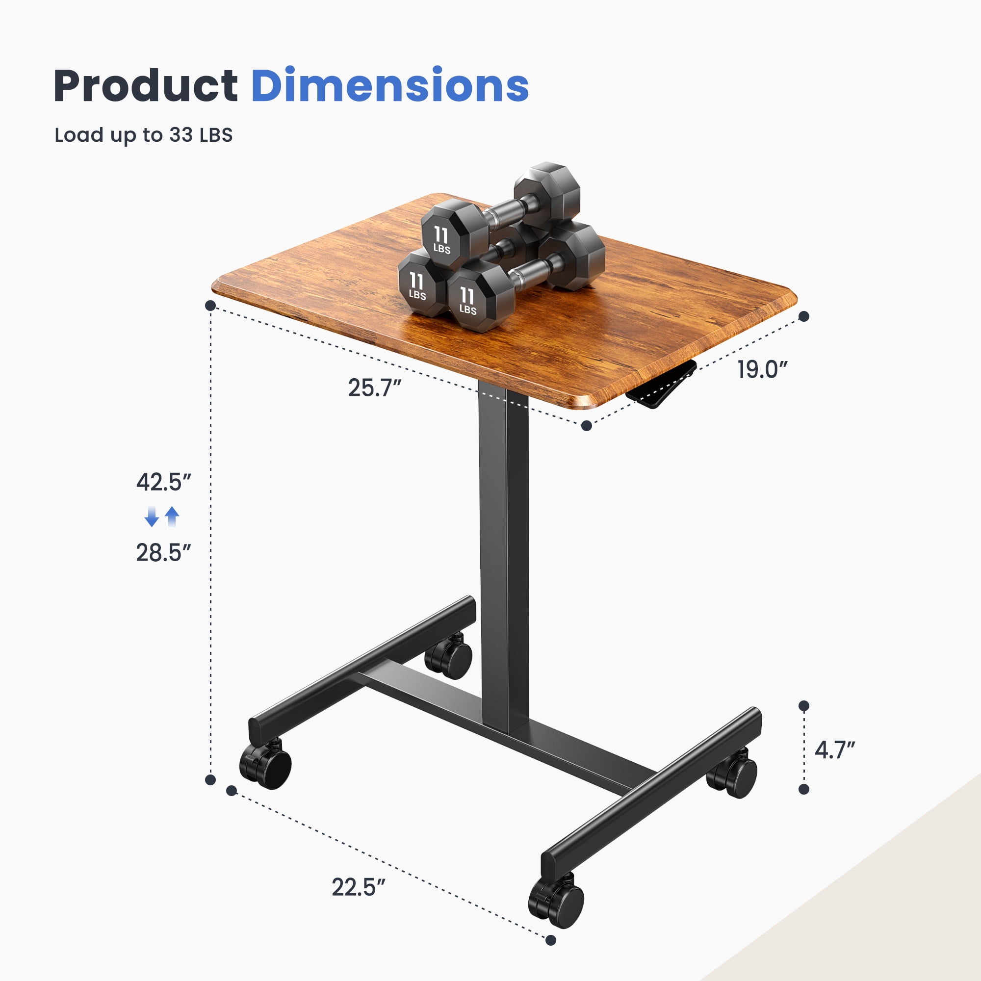 EDX Small Standing Desk, Mobile Portable Rolling Desk with Lockable Wheels & Adjustable Height , for Home Office, Rust Brown