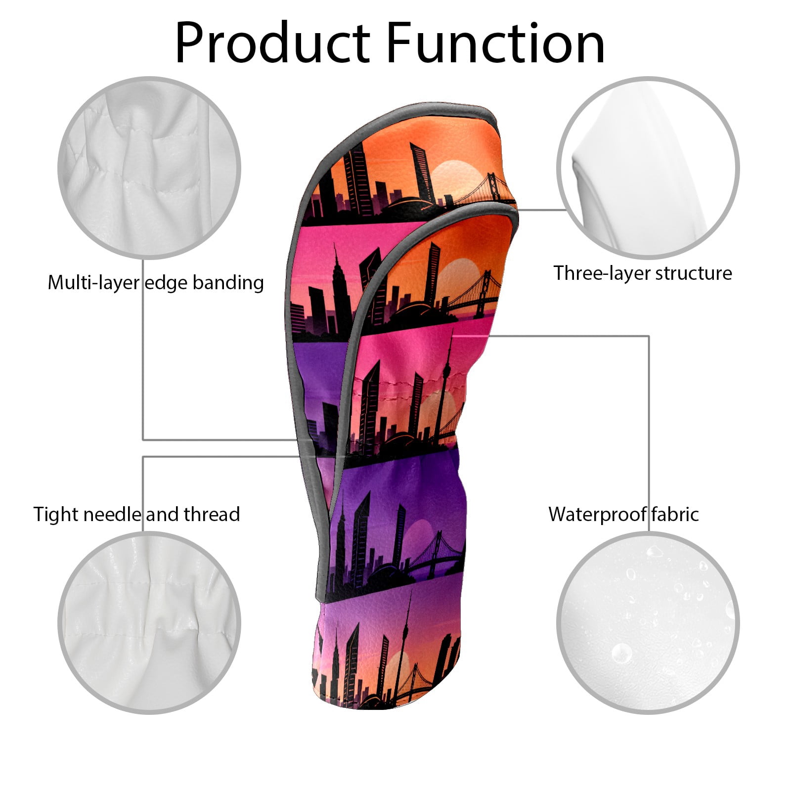 Golf Club Covers, Purple CitySkyline Premium PU Leather Driver Hybrid Putter Head Covers with Velvet Lining, Waterproof Golf Gifts for Men Women