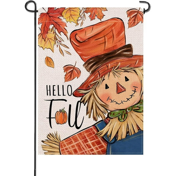 diyeu Hello Fall Scarecrow Small Decorative Garden Flag, Autumn Maple Leaves Rustic Yard Lawn Outside Decor, Thanksgiving Seasonal Farmhouse Country Outdoor Home Decoration Double Sided 12 x 18