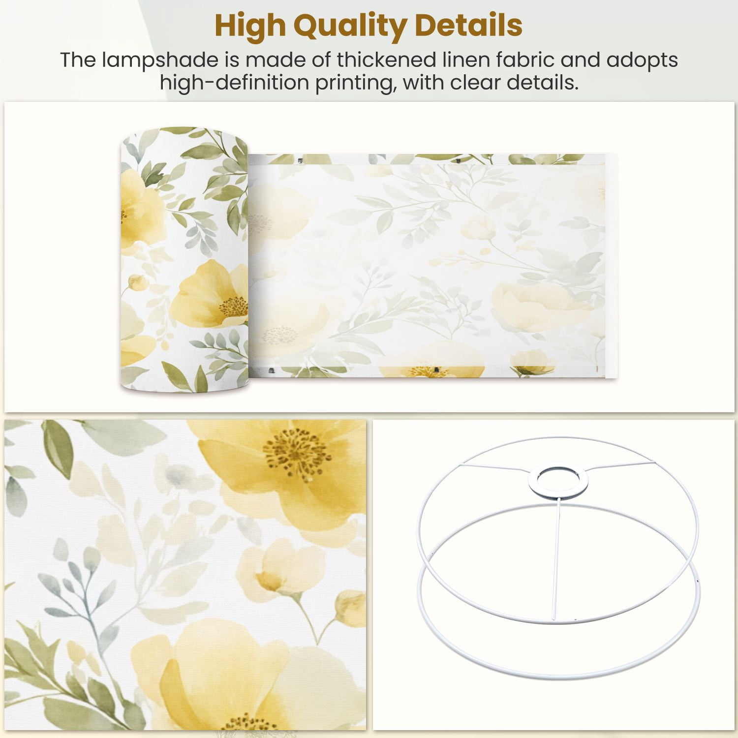 Linen Drum Lampshades Delicate Yellow Floral Greenery Soft Watercolor Touches 13"x13"x10" Light Shade for Table Lamps Floor Lamp Shades Lampshade Replacement Assembly Required