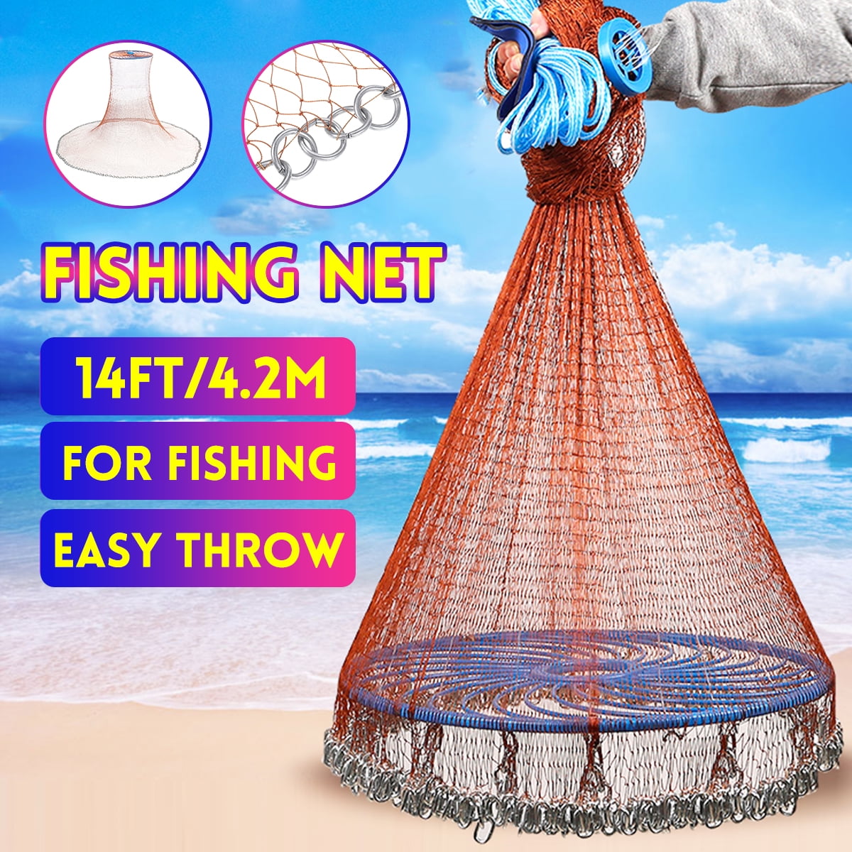 Fishing Casting Net Bait Easy Throw Hand Cast Line Mesh Spin Bait  w/ Sinker 