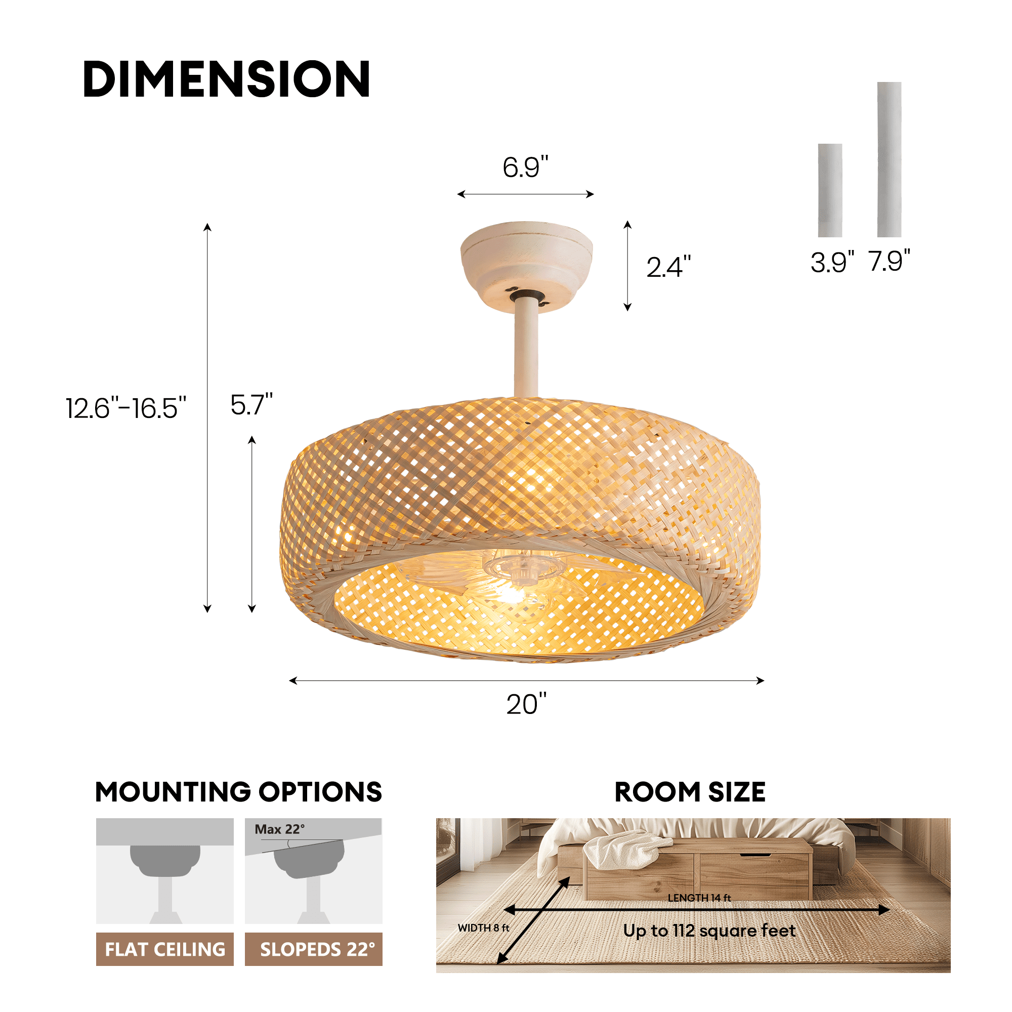 HOOMEDELIER 20" Boho Ceiling Fan with Light , Fandelier Ceiling Fan and Remote, Bladeless Caged Fan for Bedroom Living room