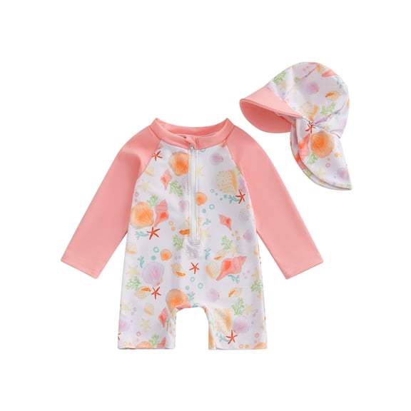 BemeyourBBs Toddler Baby Girl One Piece Swimsuit Infant Bathing Suit Long Sleeve Floral Rash Guard Half Zipper Swimwear Sunhat Set UPF 50
