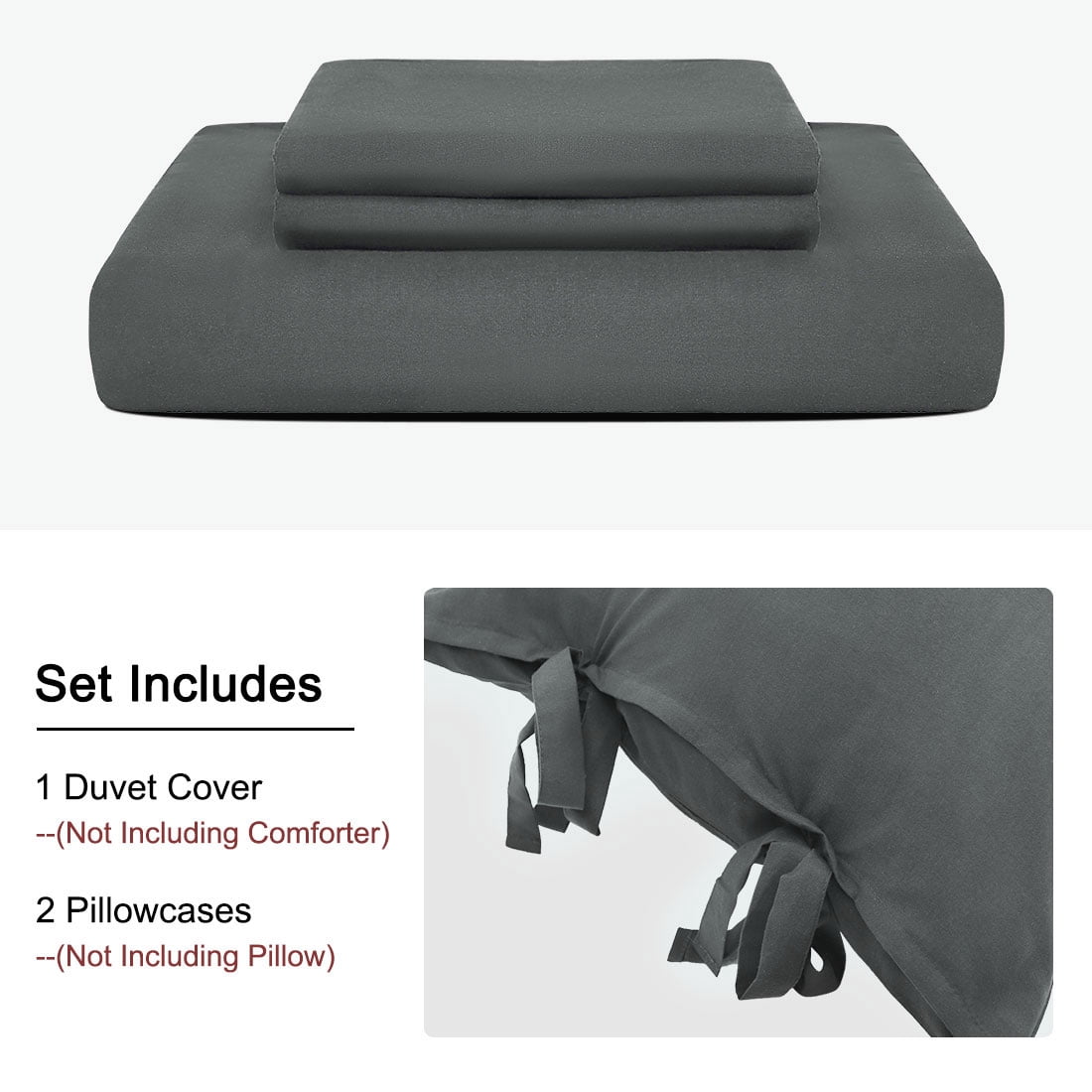 PiccoCasa 3 Piece Bow Tie Duvet Cover Bedding Set with 2 Pillowcases Queen Dark Gray