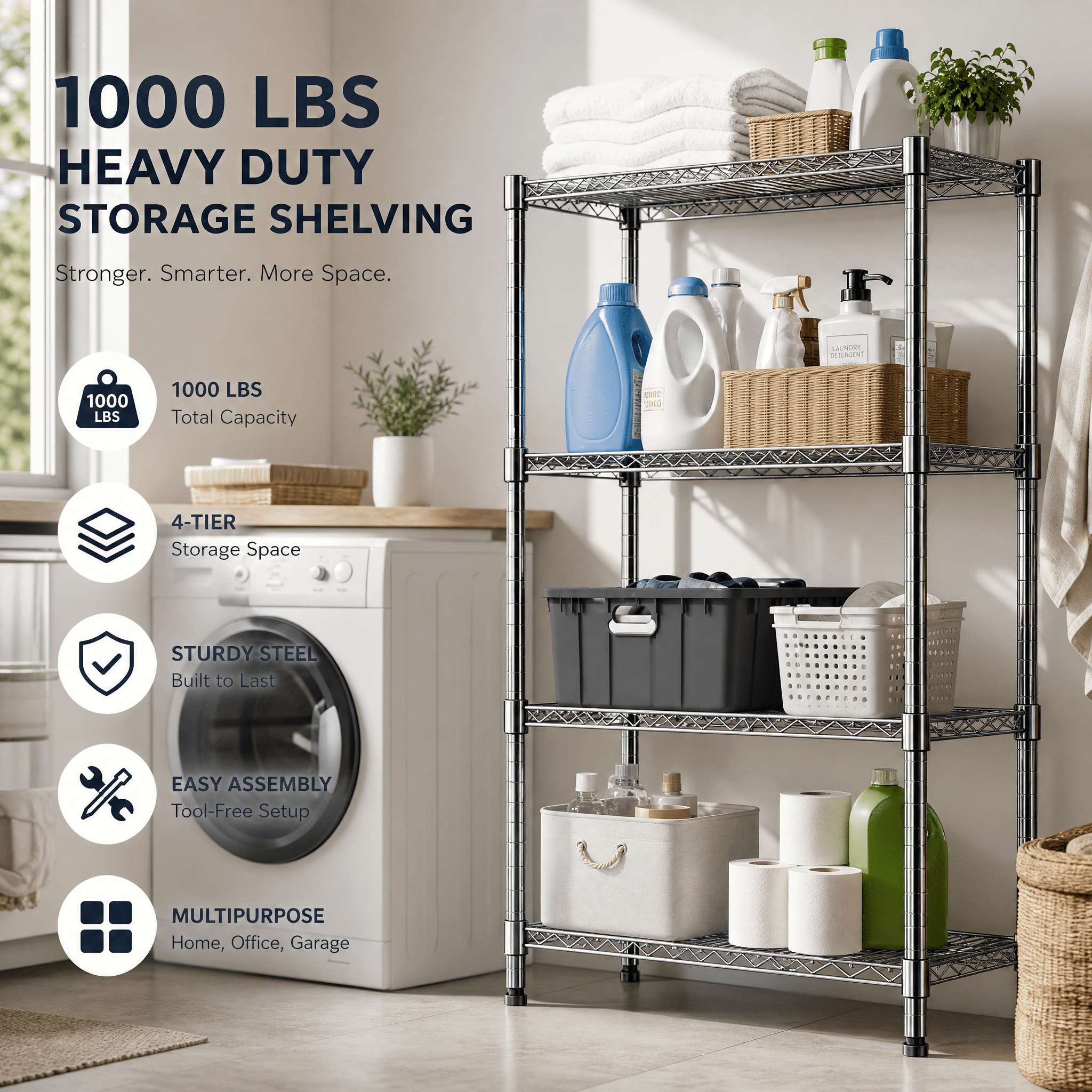 1000lbs Storage Shelving Steel Heavy Duty 4-Tier Utility Shelving Unit Steel Organizer Wire Rack for Home, Kitchen, Office, Chrome (13.7" D x 29.5" W x 47.2" H)
