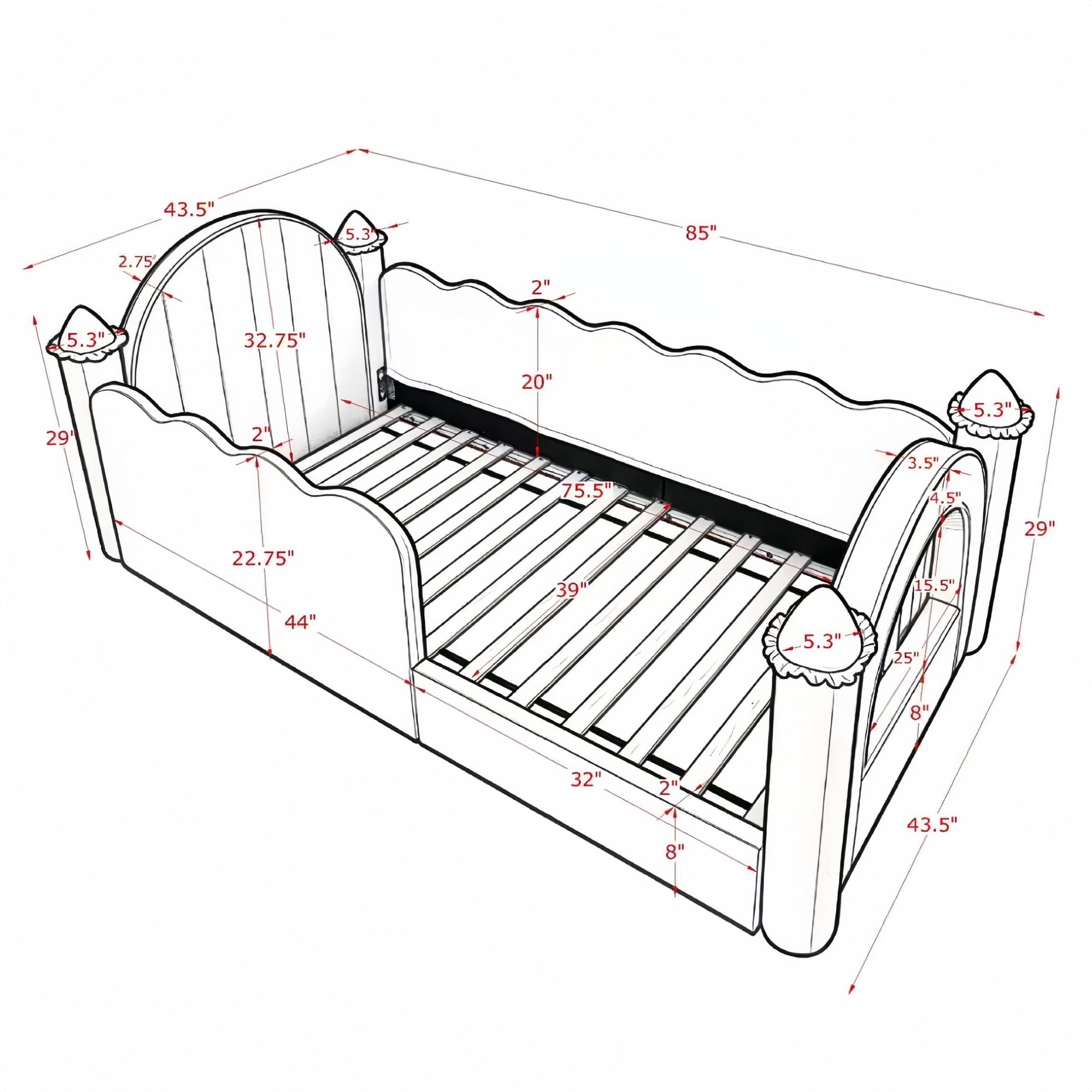 Twin Size Castle-Shaped Kids Floor Bed with Safety Guardrail, Low Profile Upholstered Platform Bed Frame with Small Curtain