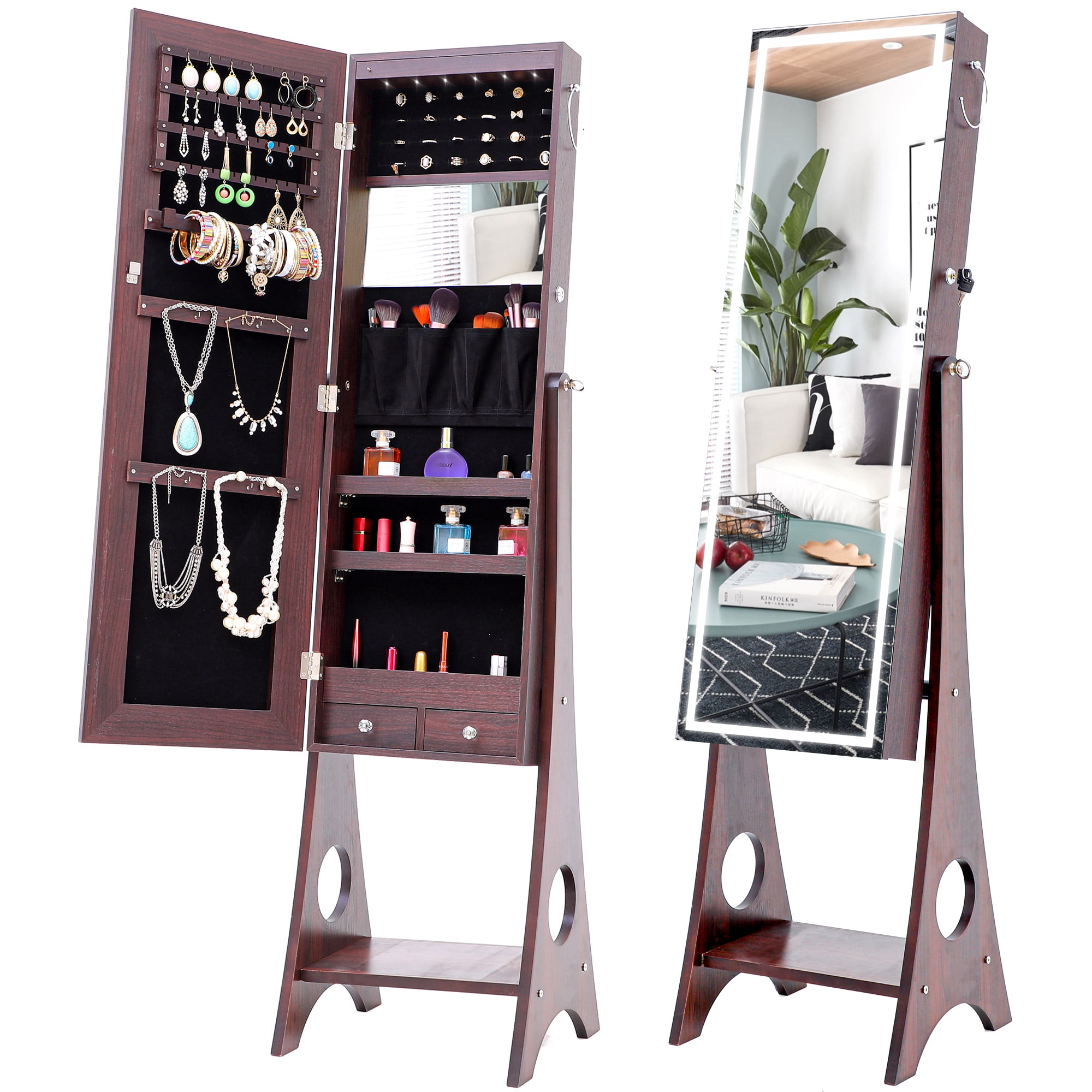 Jewelry Cabinet Earrings Necklace Slot Hole Wardrobe with Mirror, Vertical  Storage Rack with Resin Diamond Design, Lockable, (Brown)