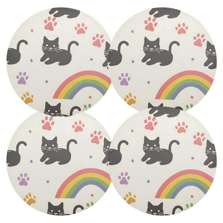 

joogoo Cat and Rainbow Footprint Round Plate Mats for Dining Table Placemat Set of 4 Holiday Decoration