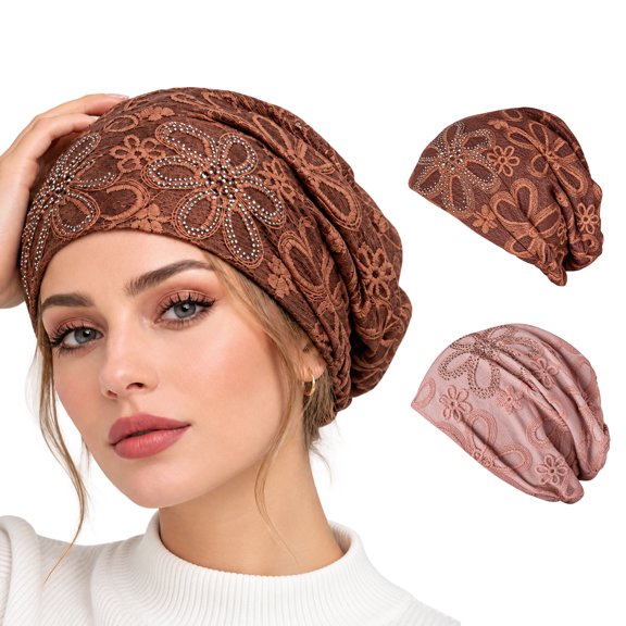 2 Pack Chemo Caps, Lace Embroidery Lightweight Turban Beanie, Soft Headwear Hats for Women Cancer Patients Hair Loss Daily Sleep