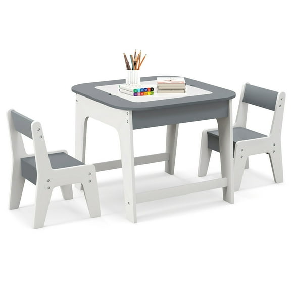 Gymax 3-in-1 Kids Wooden Table & 2 Chairs Set w/ Storage Detachable Blackboard Drawing