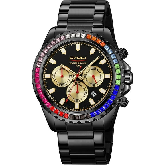 Men's Luxury Gold Watch Colored Diamonds Stainless Steel Waterproof Date Quartz Movement Bold Sports Fashion Accessory for Men