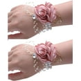 thumbnail image 1 of Nvzi Pulsera de flores artificiales para dama de honor, ramo de seda con pera falsa, pulsera elástica, ceremonia de boda, aniversario, 2 piezas, 1 of 5