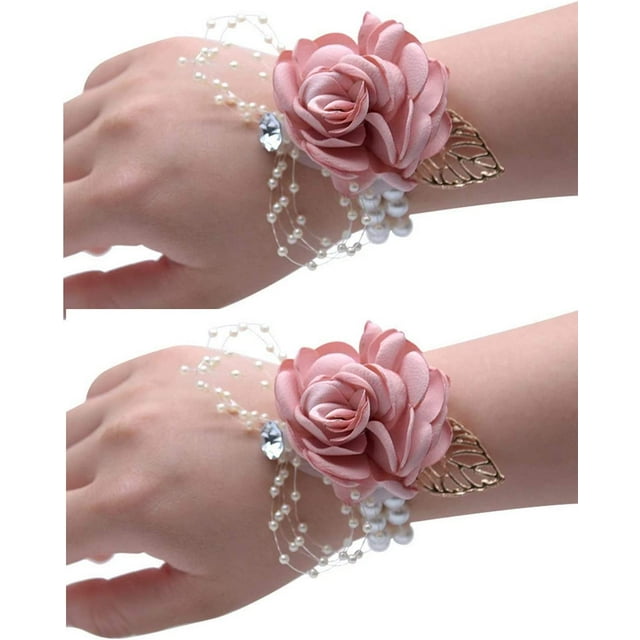 Nvzi Pulsera de flores artificiales para dama de honor, ramo de seda con pera falsa, pulsera elástica, ceremonia de boda, aniversario, 2 piezas