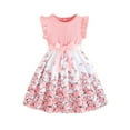 thumbnail image 2 of Toddler Girl Dress Kids Toddler Girls Summer Round Neck Ruffle Sleeves Flowers Prints A Line Casual Dress with Bowknot Dresses for Girls Pink 5 Years-6 Years, 2 of 7