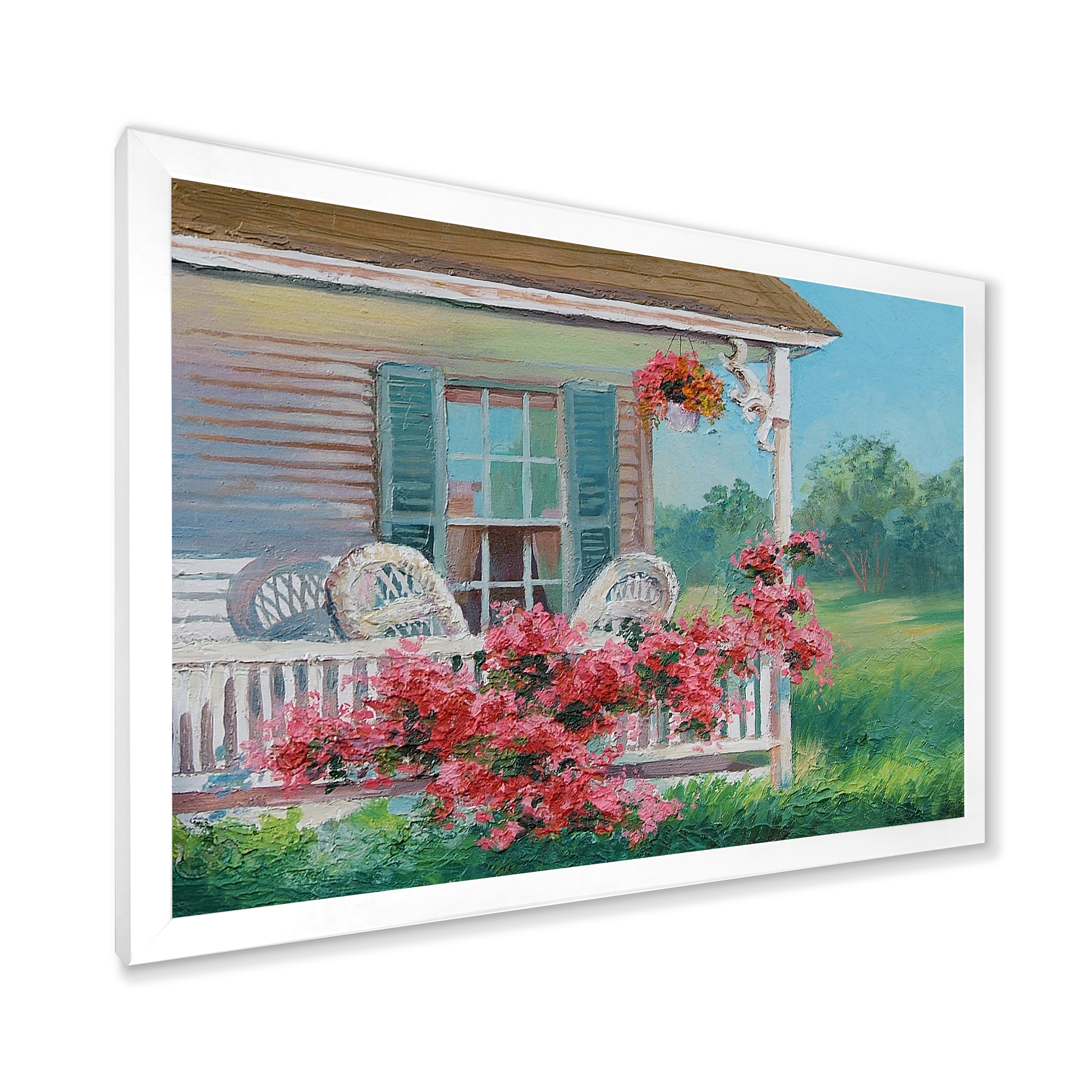 Designart 'Patio & Blossiming Red Flowers With Wooden House' Traditional Framed Art Print